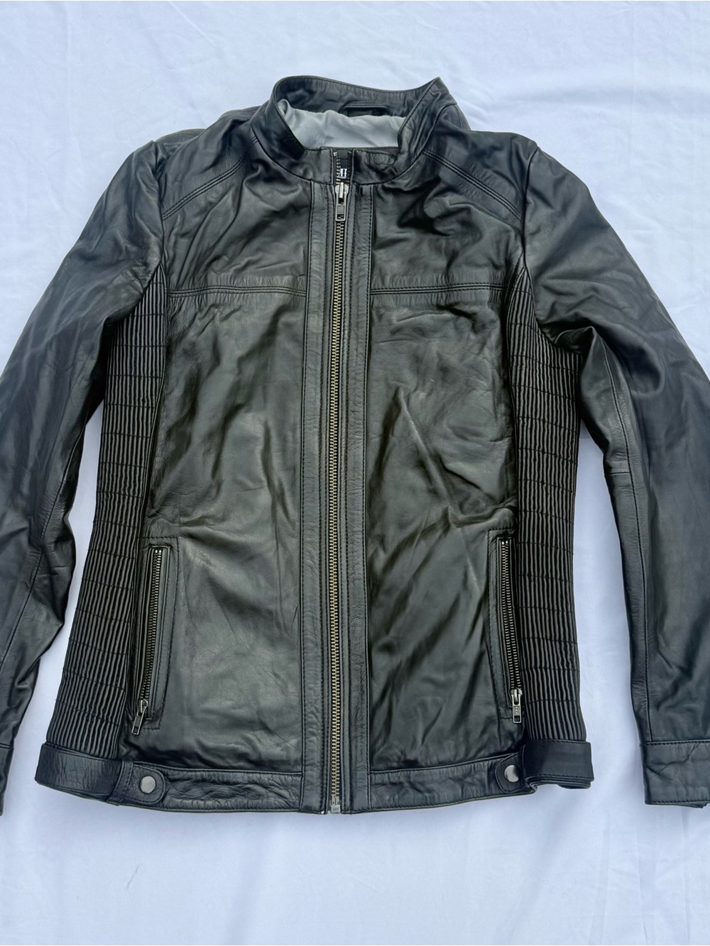 Women's Black Leather Zip Front Jacket with Ribbed Side Panels